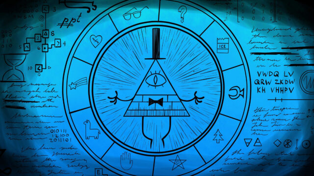 Human Bill Cipher Wallpaper with Mystical Symbols and Blue Background
