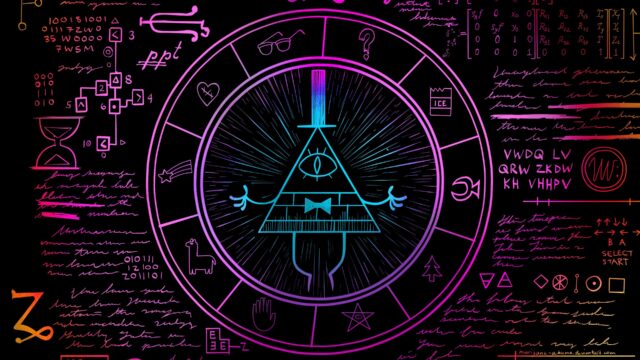 Human Bill Cipher Wallpaper with Mystical Symbols and Glowing Neon Colors