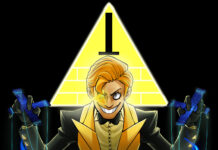 Human Bill Cipher Wallpaper with Puppet Master and Blue Flames Illustration