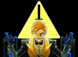 Human Bill Cipher Wallpaper with Puppet Master and Blue Flames Illustration
