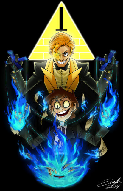 Human Bill Cipher Wallpaper with Puppet Master and Blue Flames Illustration