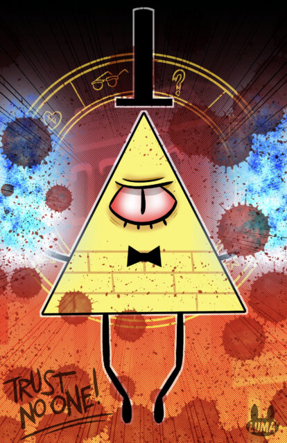 Human Bill Cipher Wallpaper with Red Eye and Trust No One Graffiti Background