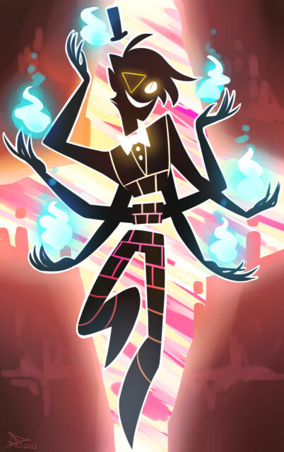 Human Bill Cipher Wallpaper with Six Arms and Glowing Flames in Mysterious Background