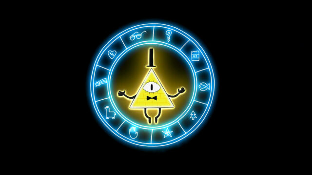 Human Bill Cipher glowing symbol with mystery icons digital wallpaper