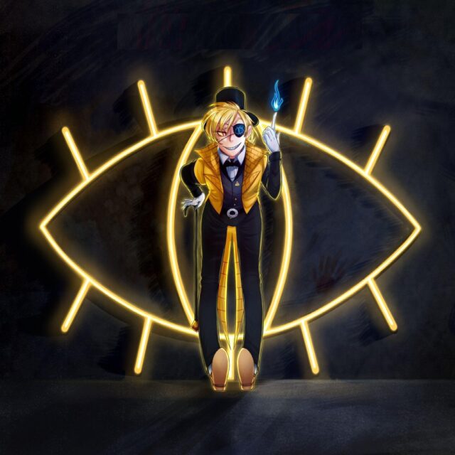 Human Bill Cipher standing with glowing eye symbol fantasy wallpaper