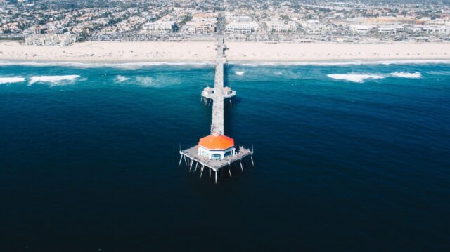 Huntington Beach Pier Aerial View Wallpapers with Ocean and Sandy Shoreline
