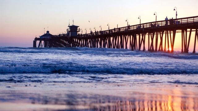 Huntington Beach Pier Sunset Ocean Waves Scenic Wallpapers
