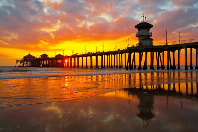 Huntington Beach Pier Sunset Reflection Stunning Ocean View Wallpapers