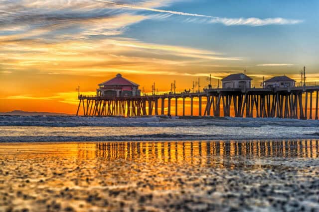 Huntington Beach Pier Sunset Reflections Beautiful Coastal Wallpaper