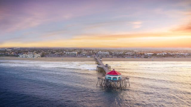 Huntington Beach Pier at Sunset Beautiful Ocean and Beach View Wallpapers