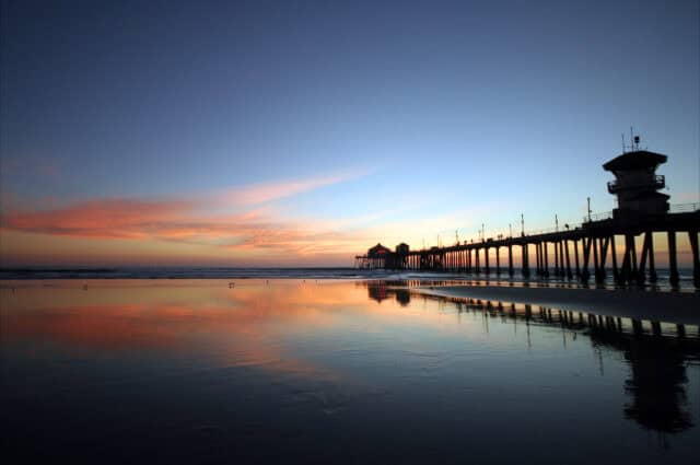 Huntington Beach Pier at Sunset Stunning Ocean Reflection Wallpaper