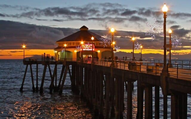 Huntington Beach Pier at Sunset with Holiday Lights Stunning Ocean View Wallpaper