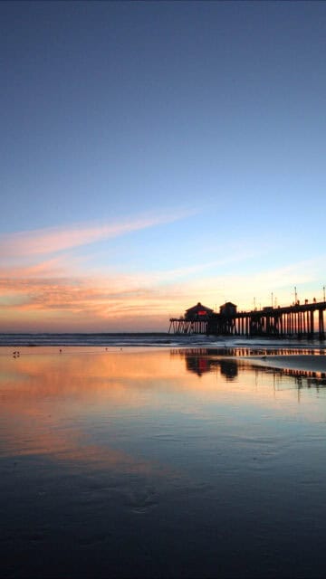 Huntington Beach Sunset Pier Reflection Calm Ocean Wallpaper