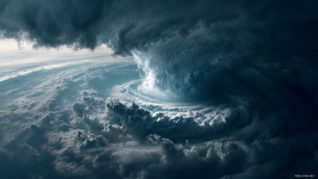 Hurricane wallpapers, a dramatic portrayal of a hurricane overhead with dark, looming clouds.