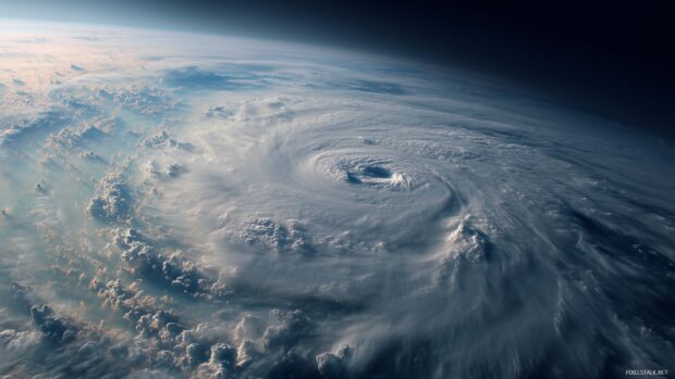 Hurricane wallpapers, an aerial view of a hurricane formed over the ocean with swirling clouds.