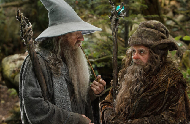 Ian McKellen As Gandalf In The Hobbit Movie Scene Forest Conversation Wallpapers