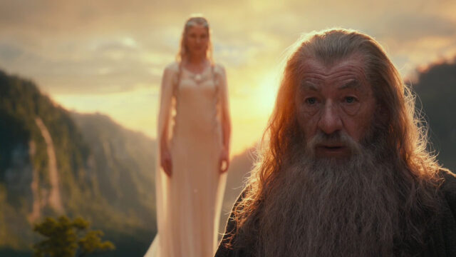 Ian McKellen As Gandalf With Elven Queen In Sunset Scenic Background Wallpapers