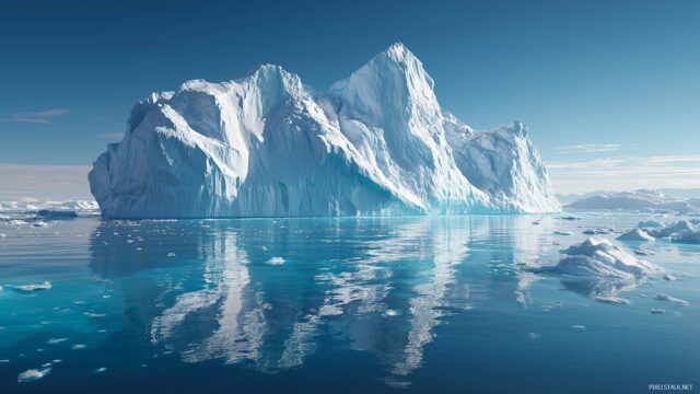 Iceberg Wallpaper, A Stunning View Of A Massive Iceberg Floating In Crystal Clear Waters, Showcasing Intricate Ice Formations And A Serene Sky