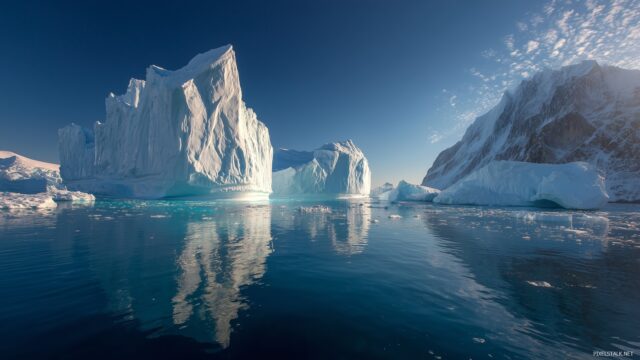 Iceberg Wallpaper HD, A Panoramic View Of Towering Icebergs In A Remote Bay, Bathed In Warm Sunlight And Clear Skies