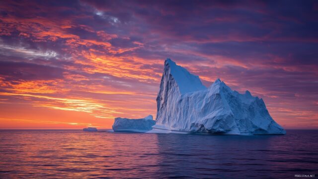 Iceberg Wallpaper HD For Mac, A Solitary Iceberg Standing Tall Against A Vibrant Sunset Sky, Offering An Inspiring Visual For Mac Users