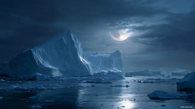 Iceberg Best Quality Desktop Wallpaper, An Enchanting View Of Icebergs Illuminated By The Moonlight, Creating A Mystical Atmosphere For Your Desktop