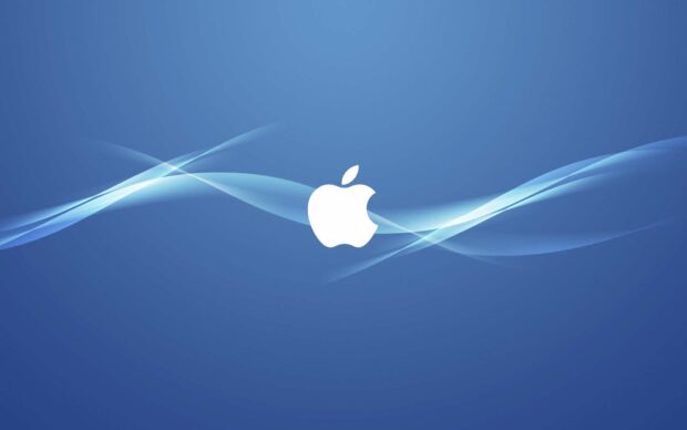 A white Imac logo is centered with soft flowing blue light waves on a dark blue background, HD Desktop Wallpaper