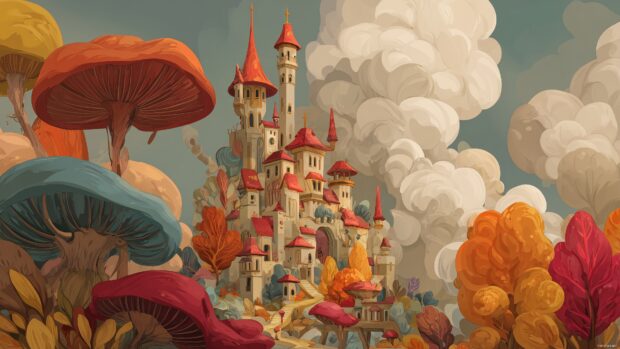 Imaginative Disney Castle Backgrounds, a whimsical castle with fantastical elements like oversized mushrooms and colorful clouds, creating a dreamlike atmosphere.