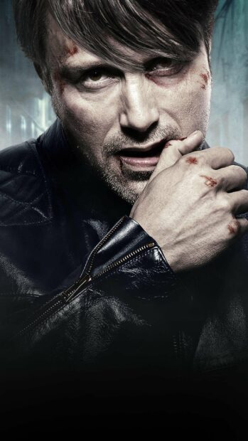 A close up of Hannibal Mads Mikkelsen with scratches on his face and hand, 2K Phone Wallpaper