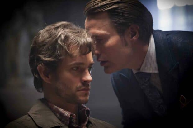 Hannibal Mads Mikkelsen Wallpapers show a close intense moment between two men, HD Desktop Wallpaper