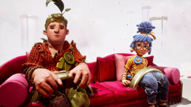 It Takes Two Characters Sitting On Red Couch Artistic Wallpaper