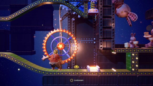 It Takes Two Gameplay Scene Character Turning Gear In Toy World Wallpaper