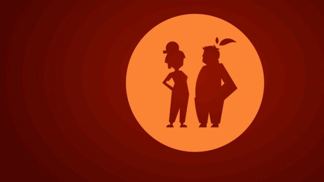 It Takes Two Minimalist Silhouettes On Orange Circle Background Wallpaper