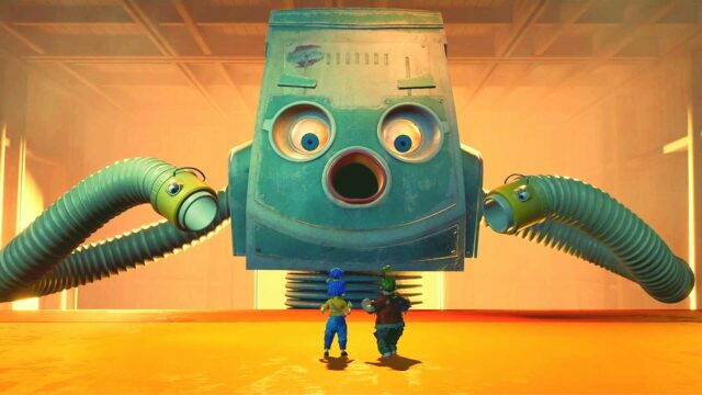 It Takes Two Wallpaper Featuring Two Characters Facing A Large Robot Boss In Vibrant Setting