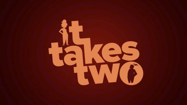 It Takes Two Creative Logo Wallpaper Featuring Main Characters Silhouette On Dark Background