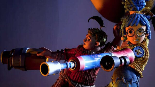 It Takes Two Dynamic Characters With Futuristic Weapons Action Wallpaper
