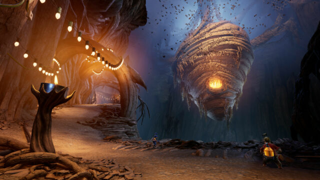 It Takes Two Game Scene With Glowing Hive And Characters In Cave Environment Wallpapers
