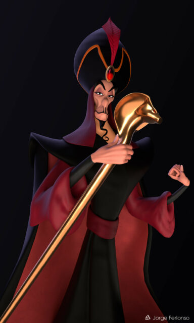 Jafar Character from Aladdin Cartoon Wallpapers Holding Golden Staff on Dark Background