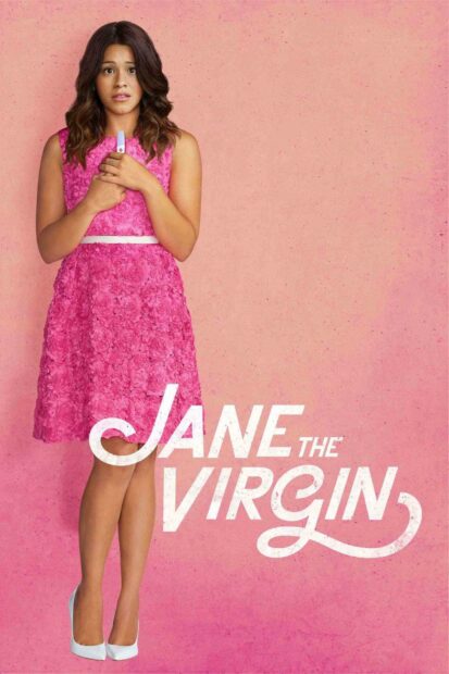 A woman in a pink dress holding a positive pregnancy test in front of a pink background with Jane The Virgin text, HD Mobile Wallpaper