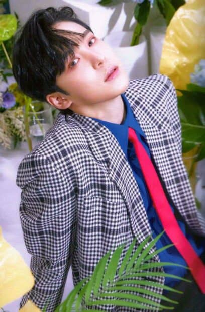 Jeong Yun Ho is wearing a checkered jacket with a red tie in a floral setting, HD Mobile Wallpaper