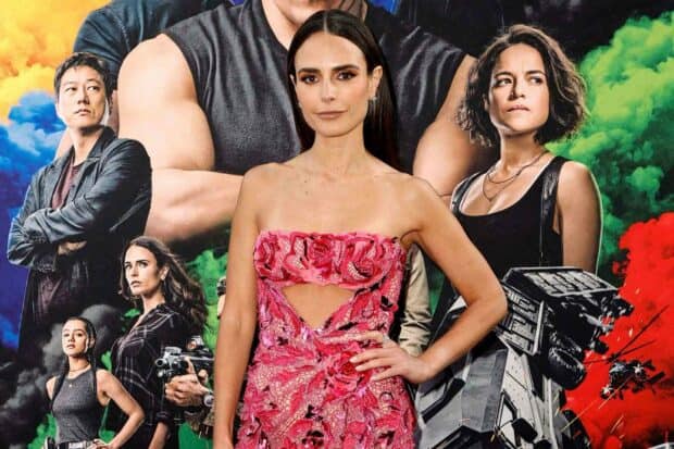 Jordana Brewster poses confidently in a vibrant pink dress at a movie event, HD PC Wallpaper
