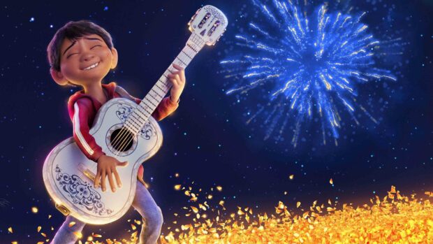 A joyful boy from the Coco cartoon playing guitar under a starry sky with fireworks, 4K Desktop Wallpaper