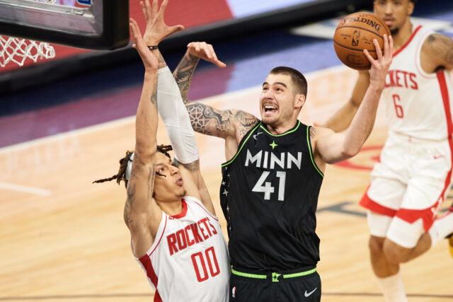 Juancho Hernangomez Driving To The Basket Against Houston Rockets In NBA Game