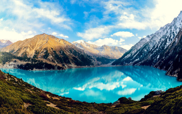 Kazakhstan Lake Scenic Wallpaper Majestic Mountain View