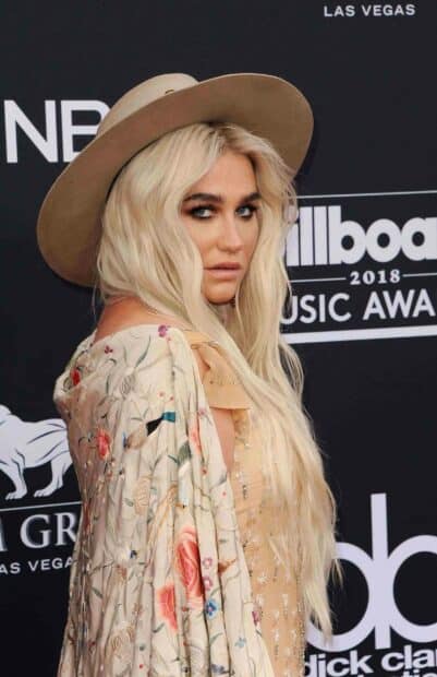 Kesha is wearing a floral embroidered outfit and a wide brimmed hat at a music awards event, 2K Mobile Wallpaper