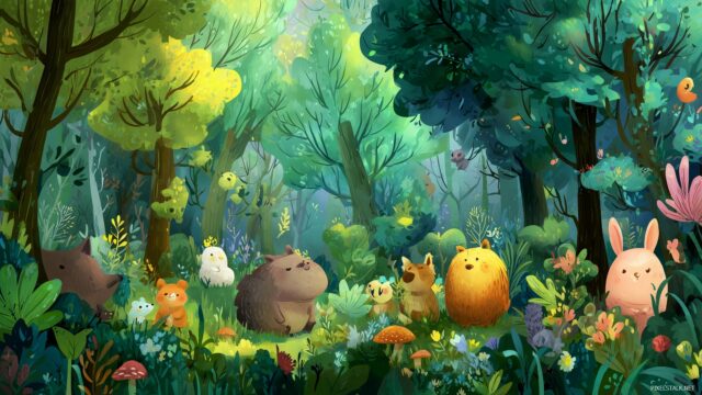 Kids Full HD Desktop Wallpaper, A Whimsical Forest Filled With Friendly Animals And Vibrant Plants Creating A Joyful Atmosphere For Kids