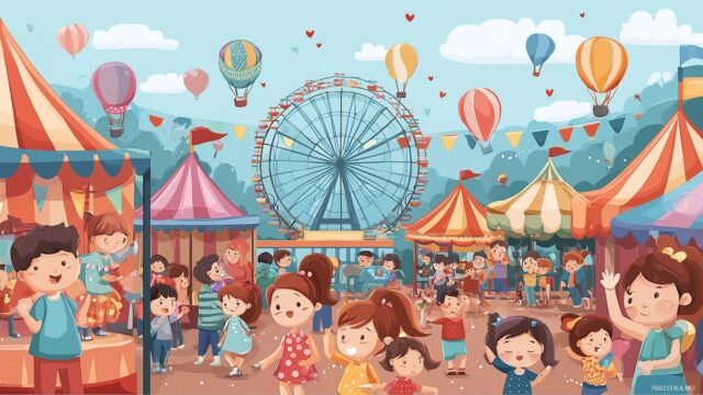 Kids HD Desktop Wallpaper, A Vibrant Carnival Scene With Rides, Games, And Happy Children Celebrating, Perfect For Desktop Enjoyment