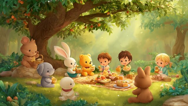 Kids HD Wallpaper, A Delightful Picnic Scene With Adorable Animals Enjoying Treats Under A Big Tree, Making Every Desktop Feel Joyful