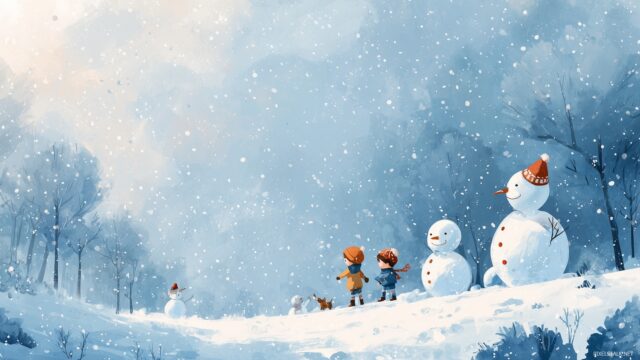 Kids HD Wallpaper For Mac, A Charming Winter Wonderland With Snowmen And Children Playing, Perfect For Cozy Winter Vibes