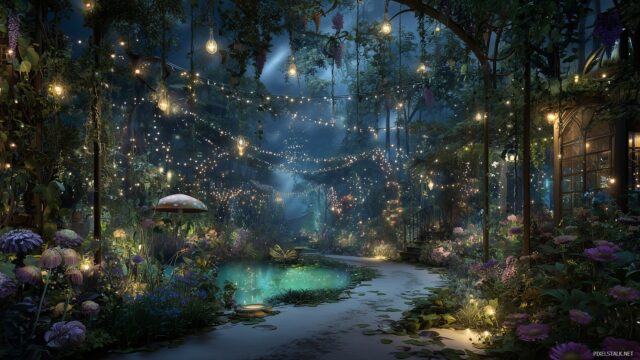 Kids Wallpaper HD For Desktop, A Magical Garden With Fairy Lights And Whimsical Creatures, Creating A Serene And Imaginative Atmosphere