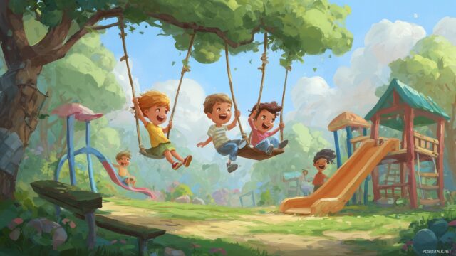Kids Wallpaper HD For PC, A Playful Playground Scene With Happy Children Playing On Swings And Slides, Bringing Joy To Any Desktop